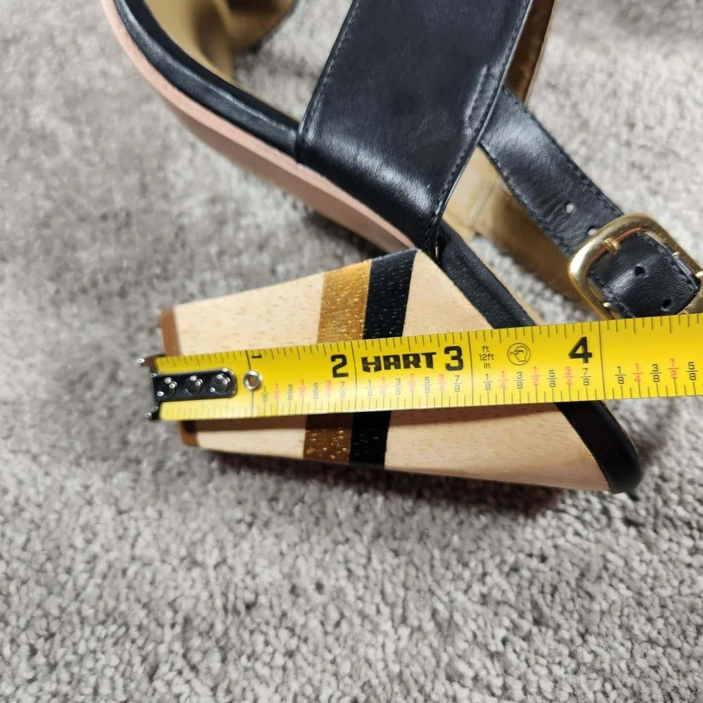 Nina Payne Elena Sandals Black Leather Striped Wood Block Heel Womens 40 (9.5)